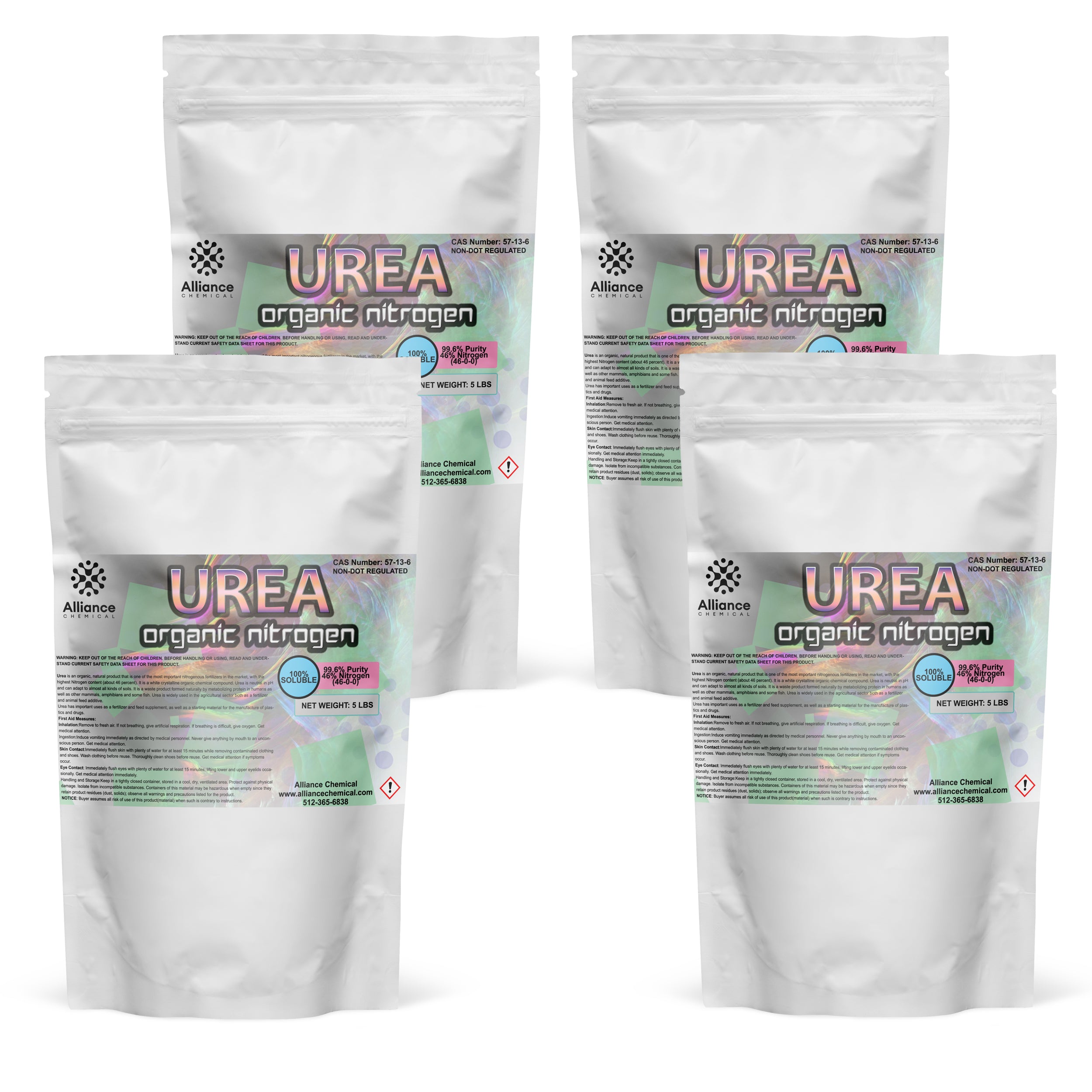 5 lb bags (4-pack) of 99.6% pure Urea Organic Nitrogen fertilizer in resealable white pouches with hazard symbol, CAS 57-13-6, Alliance Chemical brand.